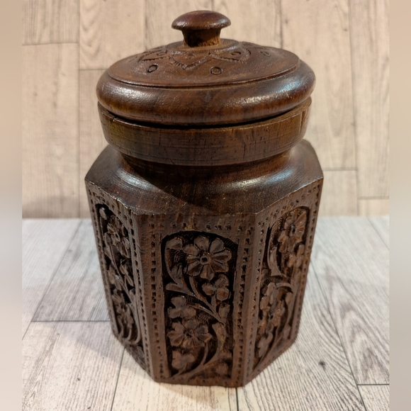 Carved Wooden Floral Jar Made In India - Picture 2 of 6